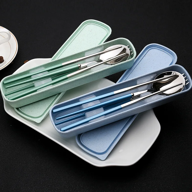 304 Stainless Steel Tableware Set Students Portable Fork Spoon Chopsticks Tableware Portugal Tableware Gift Three-piece Set