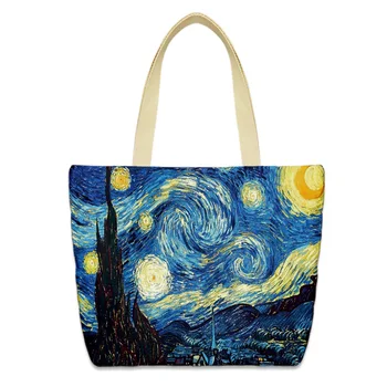 

Casual Van Gogh Starry Night Printing Shoulder Canvas Laptop Shopping Handbags Ladies Zipper Purse Totes Bags for Women 2020