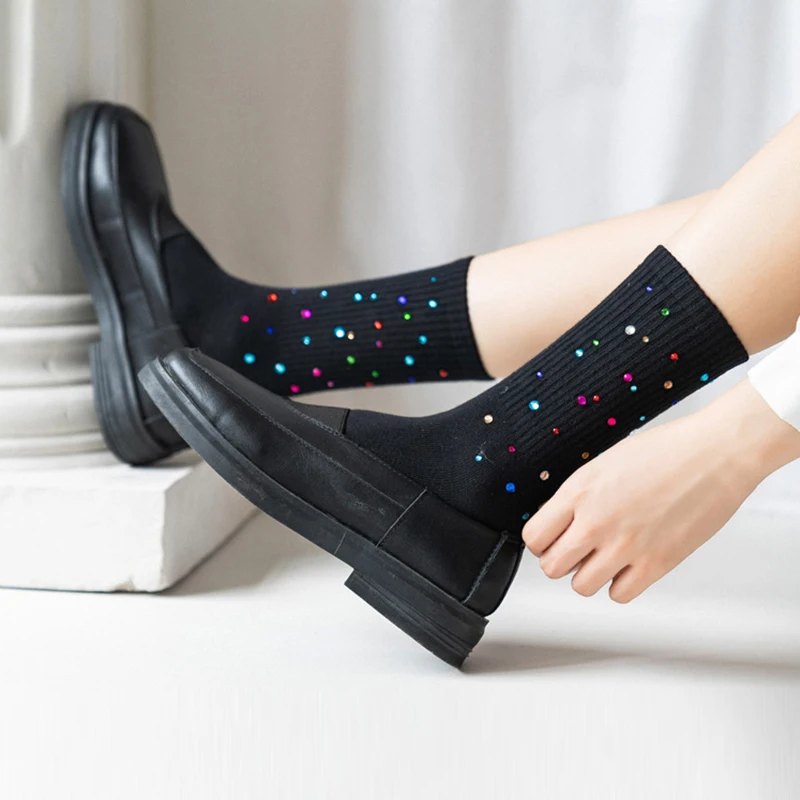

Cute Black White Socks Diamond Socks Autumn&Winter Rhinestone Socks Women Socks Sparkling College Style Sports Socks