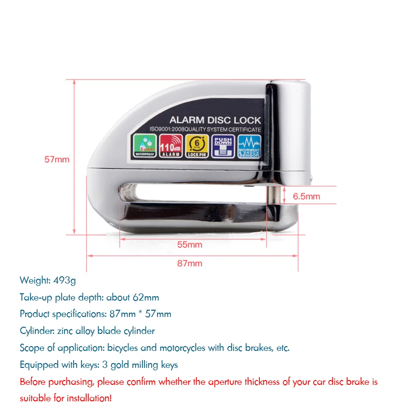 Мотоциклетный дисковый замок-Противоугонный дисковый замок мотоциклетная сигнализация с сигналом тревоги 110 дБ, кабель напоминания, 3 ключа, сумка для хранения