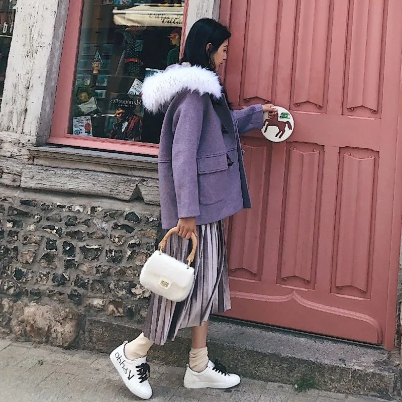 

Photo Shoot CHIC Sweet Large Fur Collar Purple Toggle Hooded Woolen Jacket Women's INS Short-height Woolen Overcoat