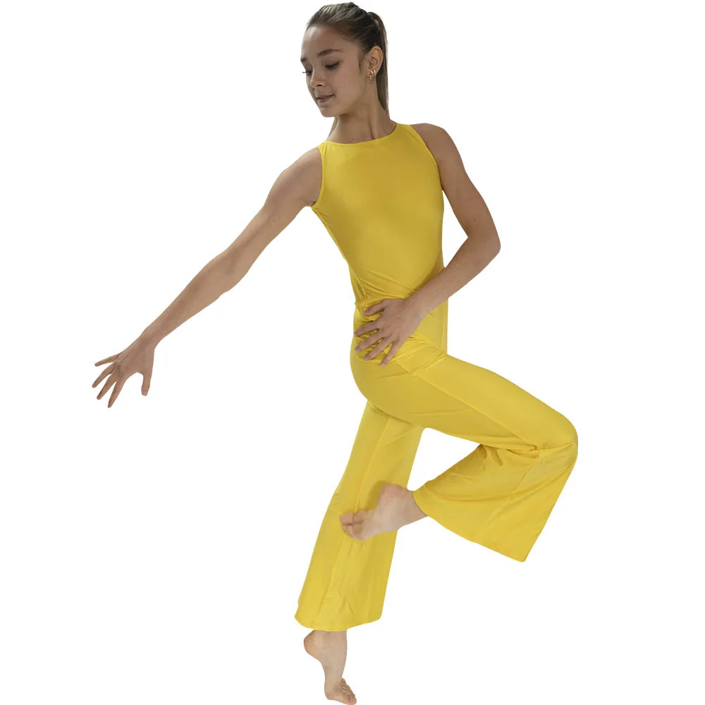 

Nylonlycra Yellow Sleeves Back Hole Dance Unitard Ladies Girls Catsuits Long Bodysuit Gymnastics