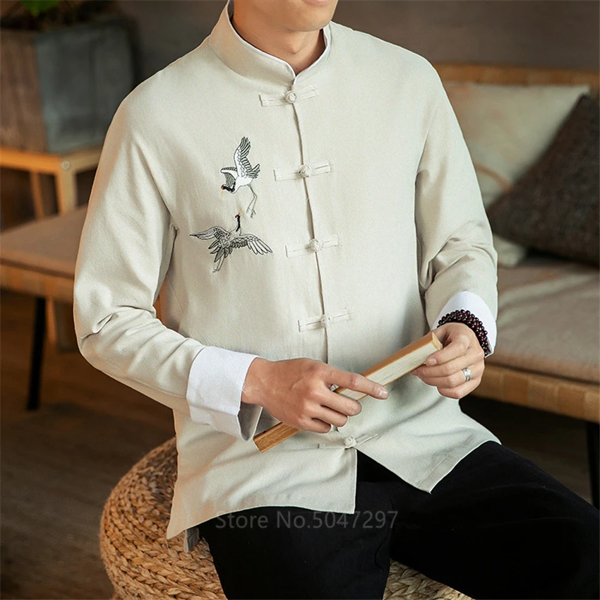 New Year Traditional Chinese Top for Men Embroidery Long Sleeve Solid Flax Hanfu Kung Fu Men Clothing Shirt Plus Size M-5XL