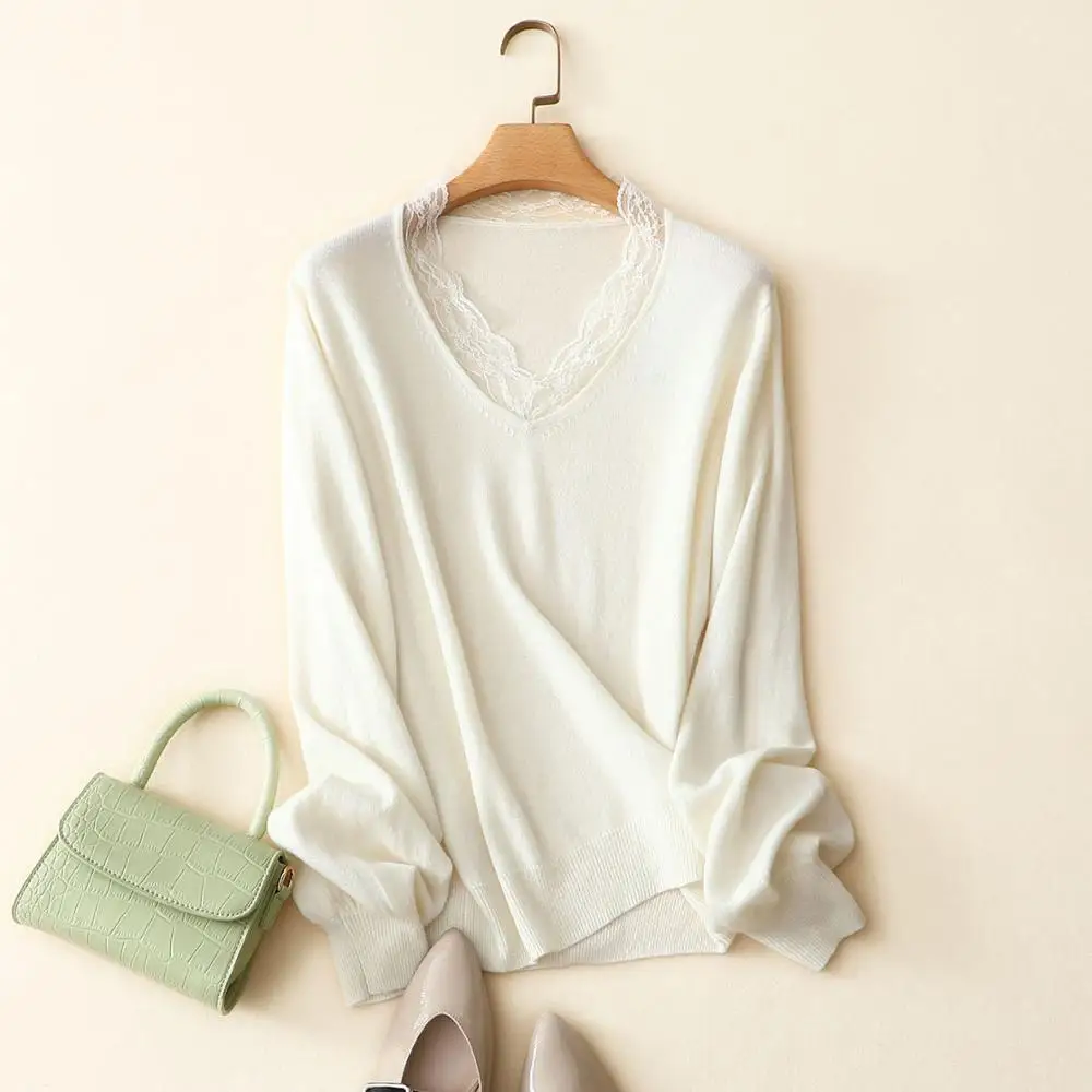 

100% cashmere v neck lace sweater women long sleeve casual white pullovers