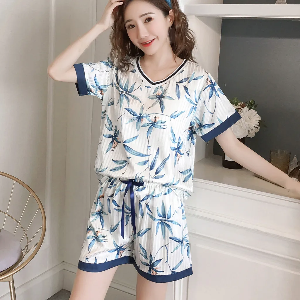 

Sexy pyjamas women пижама женская pijama mujer pajamas Print Short Sleeve V Collar Ribbons Shorts Home Clothes Sleepwear OY41*