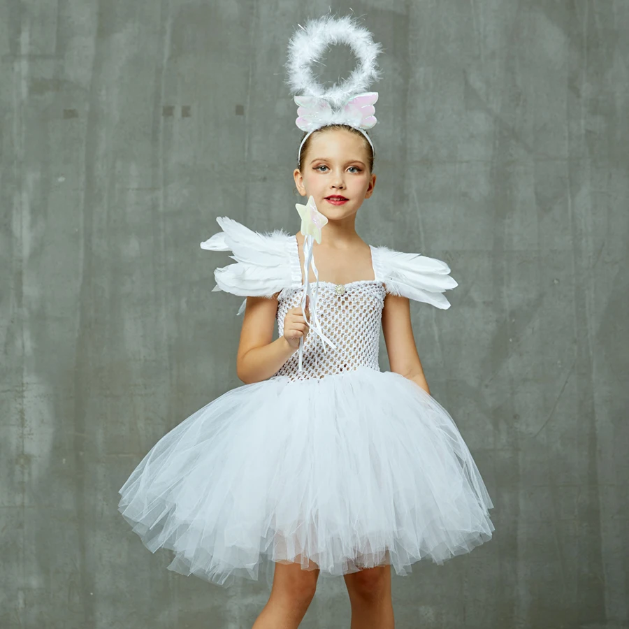 Детский сказочный костюм для девочек на Хеллоуин; Цвет белый; костюм феи с крыльями; платье-пачка с ореолом и волшебной палочкой