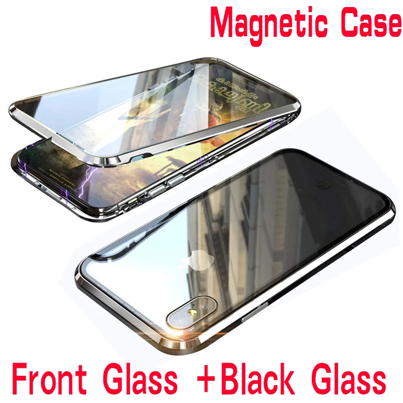

Double Side Glass 360 Magnetic Adsorption Metal Case For iphone 7 8 Plus Phone Case For iphone XR X XS MAX 6 6S Front Black