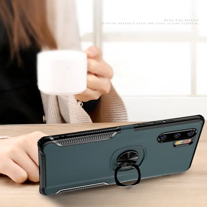 Для huawei P20 Lite чехол с металлическим кольцом huawei P30 Lite чехол из поликарбоната с кожаным узором для huawei P20 Pro P30 Pro Чехол из кремнезема с защитой от падения