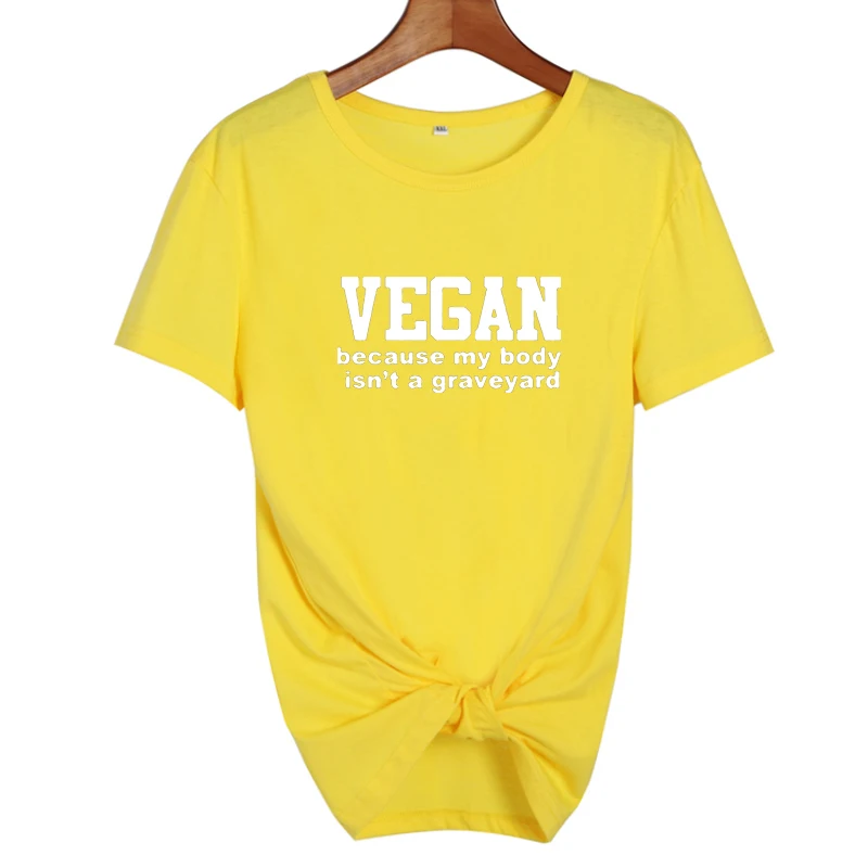 yellow-white Vegan, потому что My Body is't A Graveyard, футболка, забавные веган, Harajuku, говорящие животные, любовник, хипстерский слоган, принт, хлопковая футболка - Цвет: yellow-white