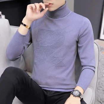 

2019 Men Turtleneck Sweater Pullover Slim Warm Solid High Lapel Jacquard Hedging British Men's Clothing Men Knit shirts S-3XL