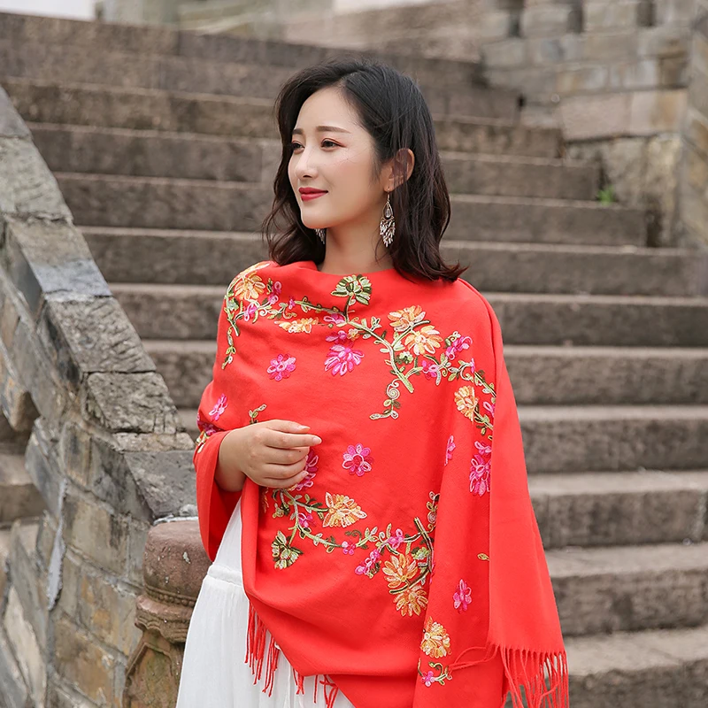 

faux Cashmere scarf Embroidered flower big scarf female imitation cashmere national wind tassel shawl thick warm luxury scarf