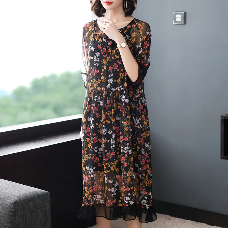 Echte Zijden Jurk Vrouwen Zomer Jurk Koreaanse Fashion Print Midi Jurk Elegante Vintage Party Dress Vestido Mujer P8102 YY2582 Echte Zijden Jurk Vrouwen Zomer Jurk Koreaanse Fashion Print Midi Jurk Elegante Vintage Party Dress Vestido Mujer P8102 YY2582