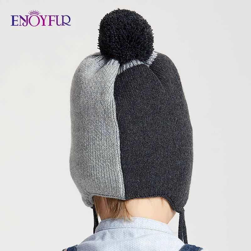 ENJOYFUR Boys Real Fox Fur Pompom Hats For Winter Warm Geometric Cotton Kids Beanies Thick Knitted Ears Boys Cap