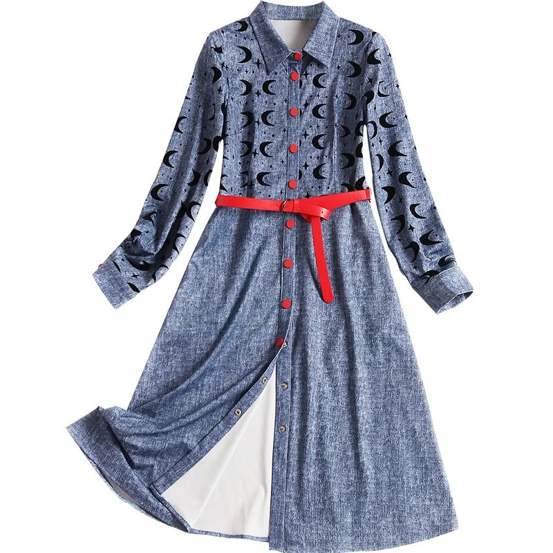 

2019 New Arrival Runway high quality Women's Turn Down Collar Dresses Moon Star Printed Knitted Long Dress Vestidos