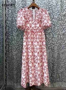 

Top Quality New 2020 Spring Summer Party Club Dresses Women V-Neck Pineapple Embroidery Short Sleeve Pink Blue Yellow Dress Long