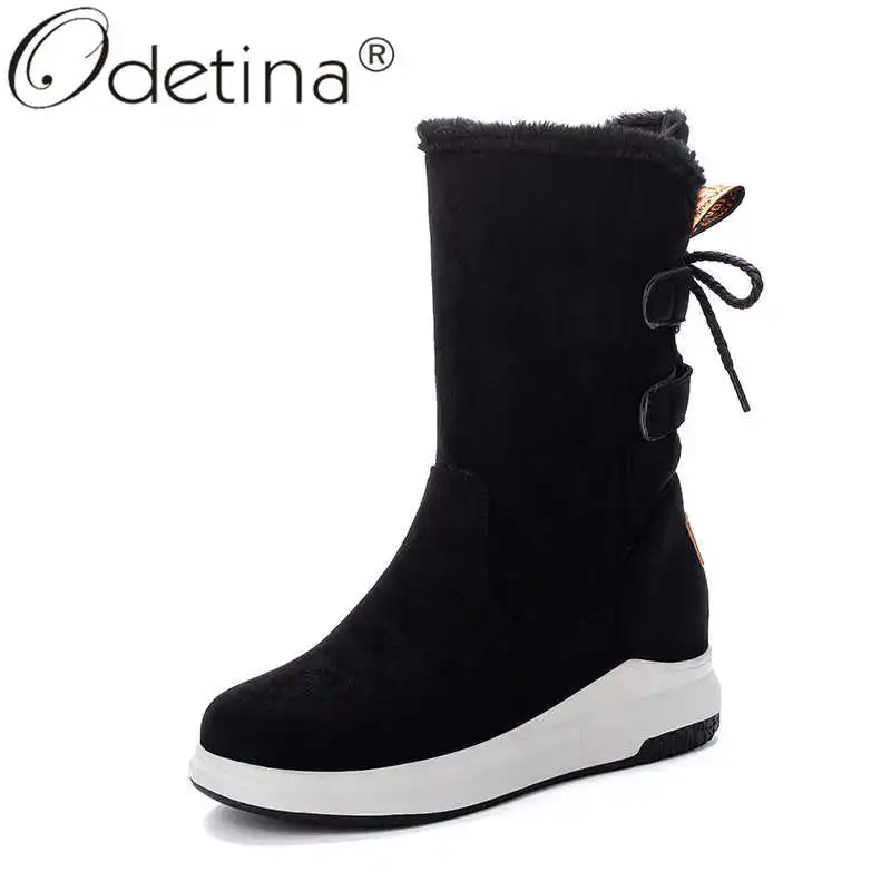 Odetina/модные повседневные женские элегантные теплые ботинки до середины икры с круглым носком женские зимние ботинки на меху, со шнуровкой сзади, на плоской платформе
