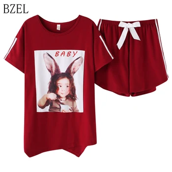 

BZEL Wine Red Loose Pyjama Women Casual Sleepwear Pijamas Women Tops+Shorts Pocket Home Suit Pyjama Femme Big Size Dropshipping