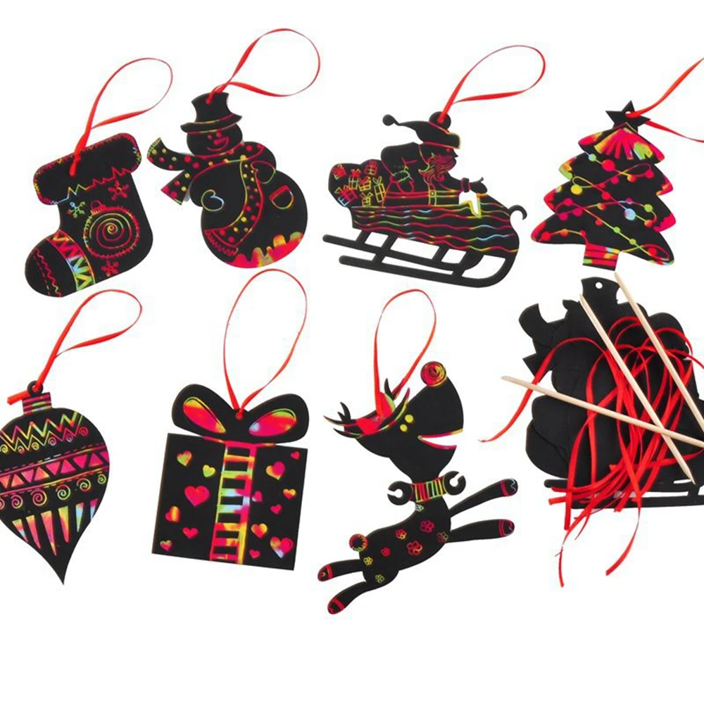 

7pcs/Set Magic Color Scratch Card Christmas Tree Ornaments Scratch Art Paper Coloring Cards Scraping Drawing Toy For Kids Gifts