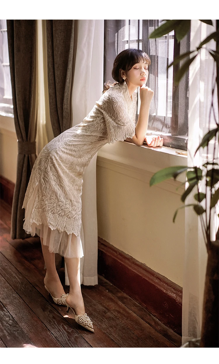 YiLin Kay Женская тяжелая работа вышивка модифицированная версия cheongsam платье Элегантное качество Сетка Пряжа длинное платье