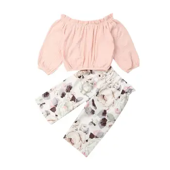 

Toddler Baby Girl Clothes Off Shoulder Long Sleeve Ruffle Vest Tops Cotton and Linens T shirt Floral Loose Pants Outfits Set