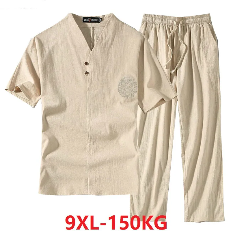 Men's Clothing Large Size Tracksuit Husband 2020 Summer Suit Linen t shirt Fashion Male Set Chinese Style 8XL 9XL plus Two Piece