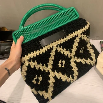 

Elegant Female Bag 2020 New High Quality Wooden handle wool Weaving Women's Designer Handbag Shoulder Messenger bags