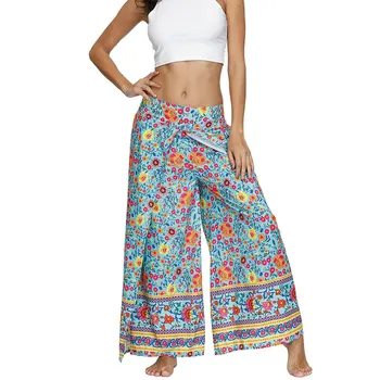 

Vicabo Women Sexy Floral Print Long Pant Ladies High Waist Wide Leg Split Trousers Female Boho Loose Holiday Beach Pants