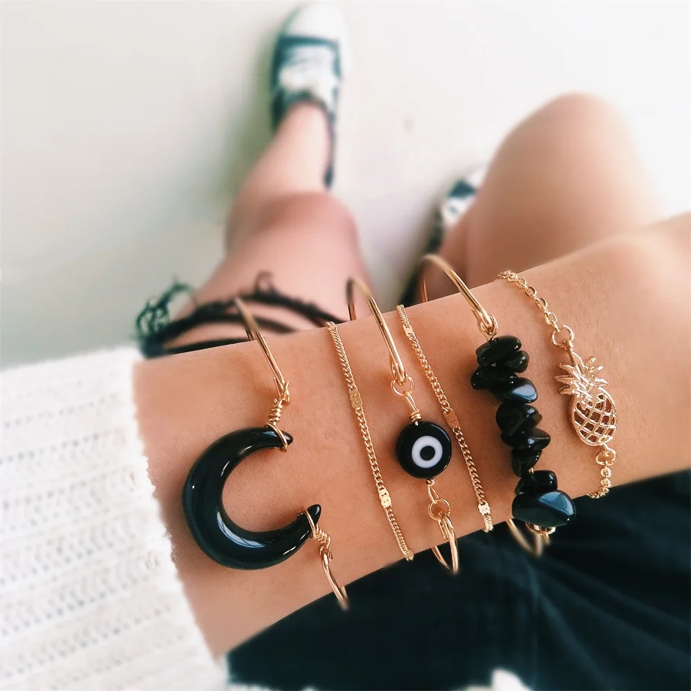 

Women Bracelets Fashion Pineapple Black Stone Round Moon Open Gold Bracelet Set Beautiful Lady Beach Party Jewelry Accessories
