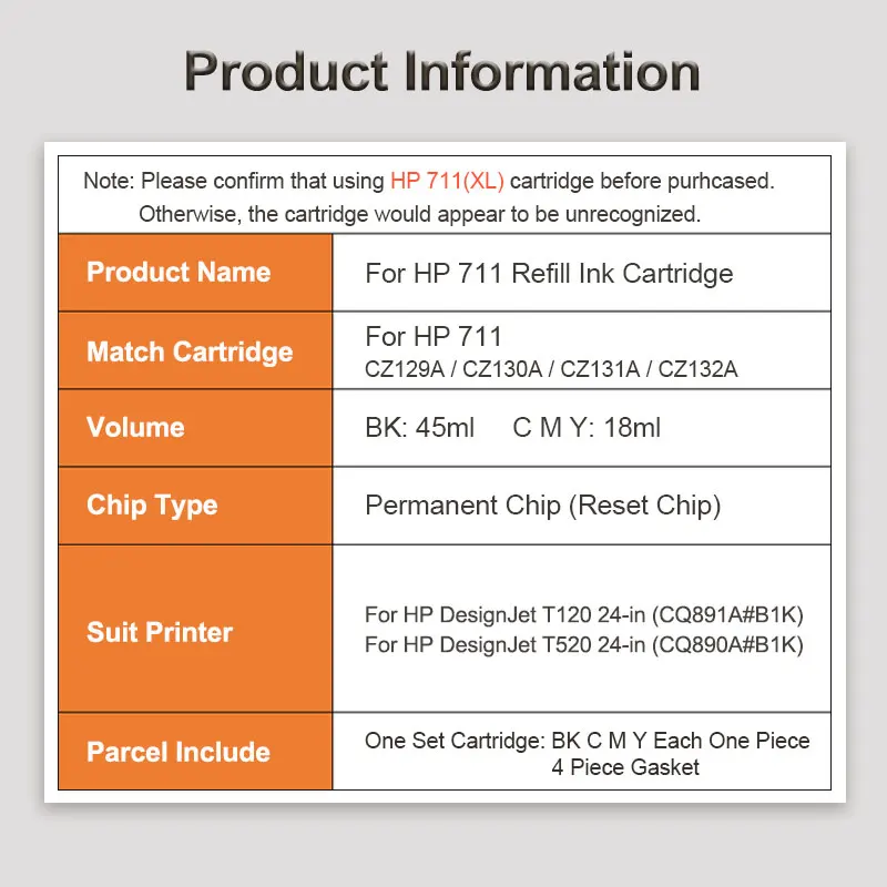 OCINKJET 711 4 цвета многоразовый пустой чернильный картридж для hp 711 совместимый для струйного принтера hp T120 T520 с постоянным чипом