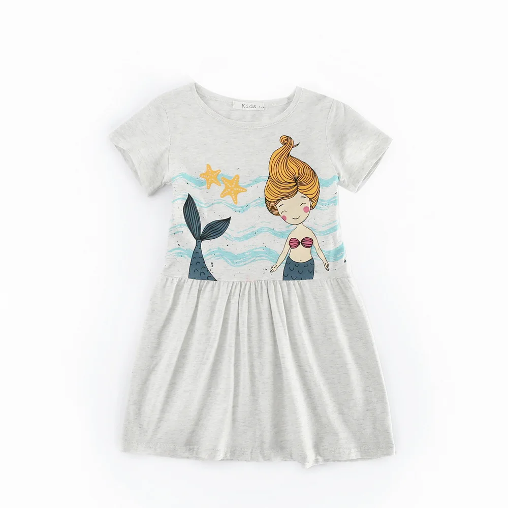 

Girls Dress Summer New Style Mermaid Printed Pure Cotton Girls' Princess Skirt Short Sleeve Cute Cartoon Children Shirt