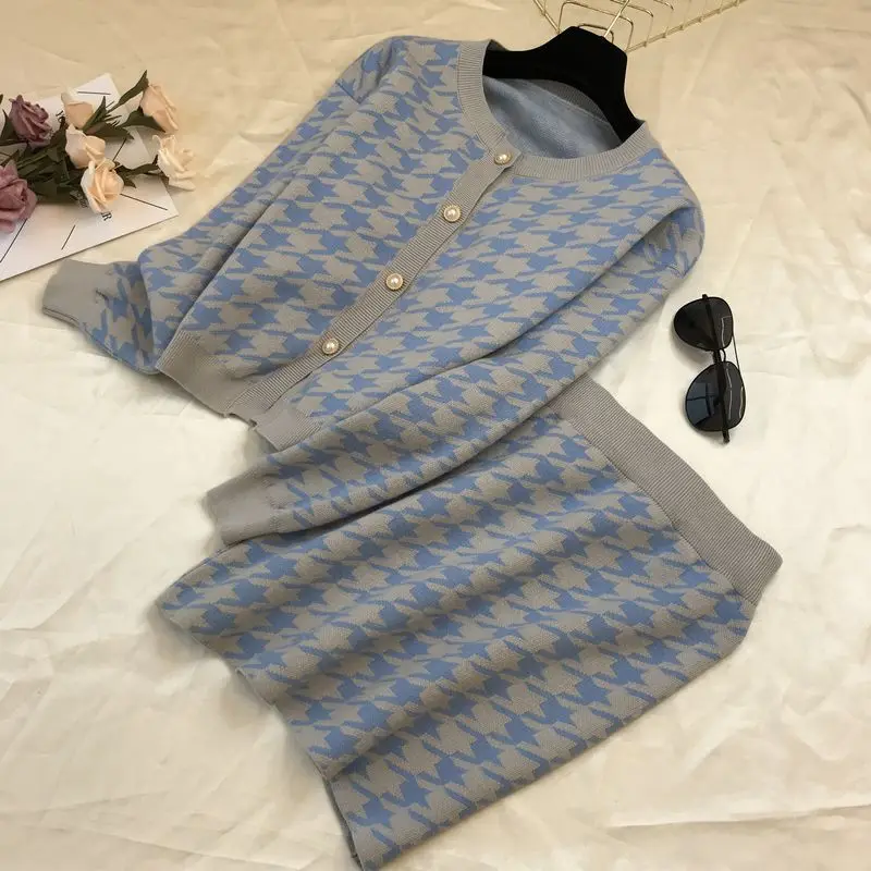 ALPHALMODA/женские кардиганы и юбки, модный вязаный комплект из 2 предметов с рисунком «гусиная лапка», свитер с длинными рукавами, мини-юбка, комплект из 2 предметов