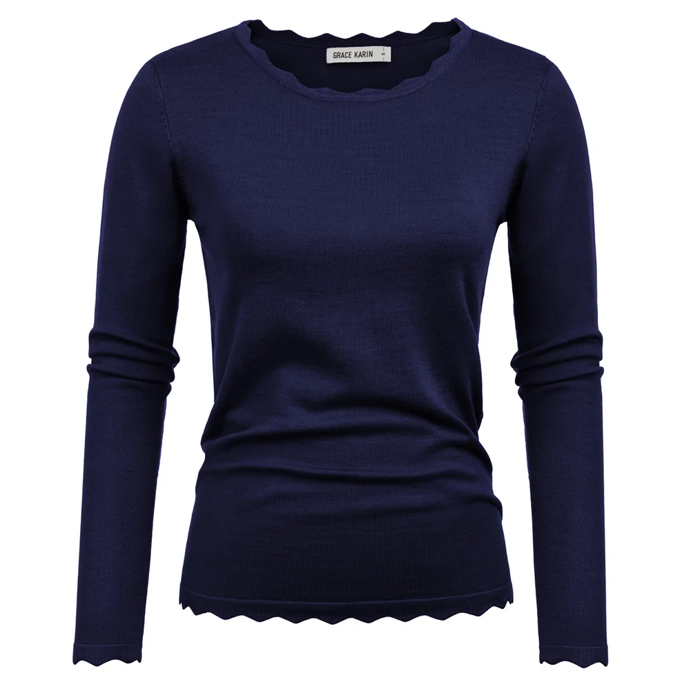 Navy Blue GK женские топы, трикотаж, длинный рукав, волнистый вырез, пуловер, осенняя женская рубашка, вязаные топы, трикотаж - Цвет: Navy Blue