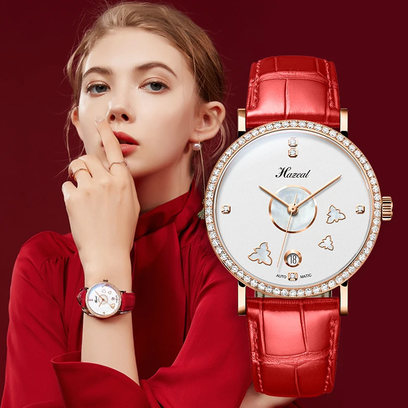 

2020 Fashion Women Watch Diamond Waterproof Automatic Mechanical Ladies Watches With Red Leather Seagull Movement Gift