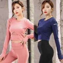 Женские фитнес-топы, рубашки для йоги, Спортивная тренировочная спортивная одежда, длинный рукав, для йоги, тонкая короткая рубашка, спортивные топы для бега, быстросохнущая одежда