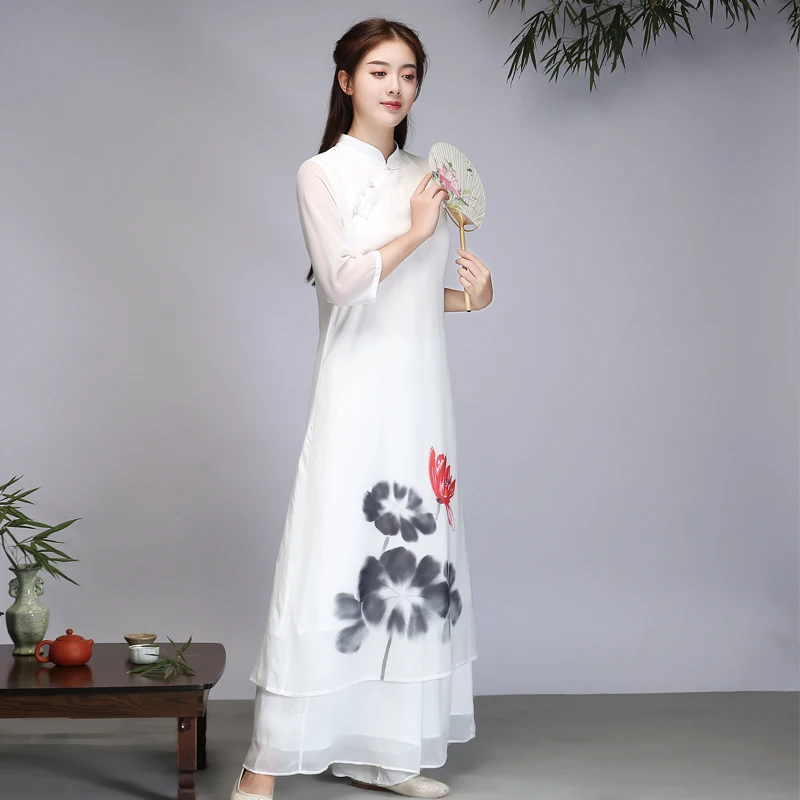 Комплект азиатской одежды «Ао Дай», вьетнамская одежда, комплект одежды+ штаны, улучшенный Чонсам в народном стиле с цветочным принтом - Цвет: color5