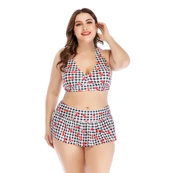 

2020 Big Code Swimsuit Grid Cherry Printing Bikini Plus Fat Increase Code Skirt Swimsuit Large Bust High Cut