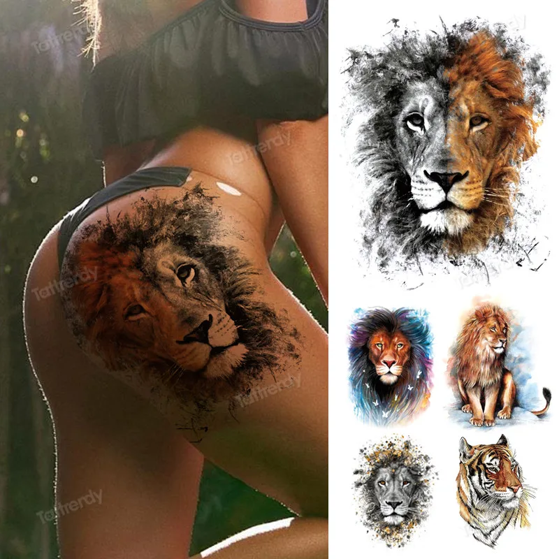 Animal Tiger Lion Temporary Tattoos For Men Fox Wolf Eagle Fake Tattoo Sticker Forest King Big Tatoo Women Body Art Thigh Leg | Красота и