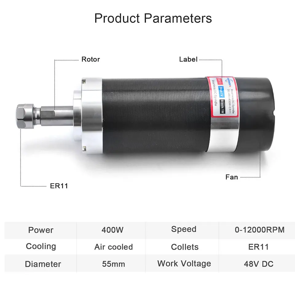 Daedalus 400w ER11 CNC Brushless Spindle Motor 48v DC Spindle Motor with  BLDC Driver Power Supply Spindle Clamp