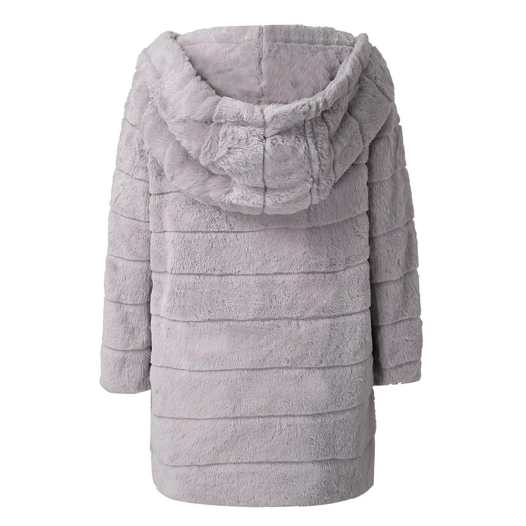 Vintage fluffy hoodie faux fur coat women Winter grey jacket coat female Plus size warm long casual outerwear overcoat