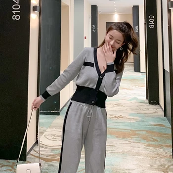 

Korean elegant 2 piece knitted set women 2020 spring autumn women's v-neck short cardigan coat + high waist pants tracksuit sets
