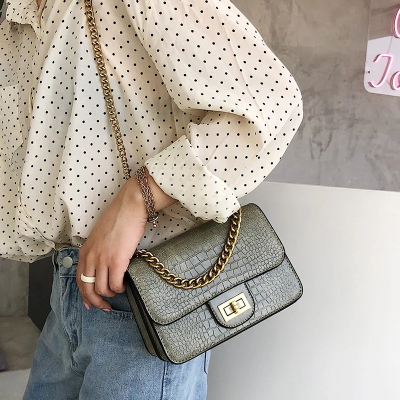 

INS Summer New Arrival Korean-style Small Bag 2019 Crocodile Pattern Stereo Chain Fashion Oblique Square Sling Bag