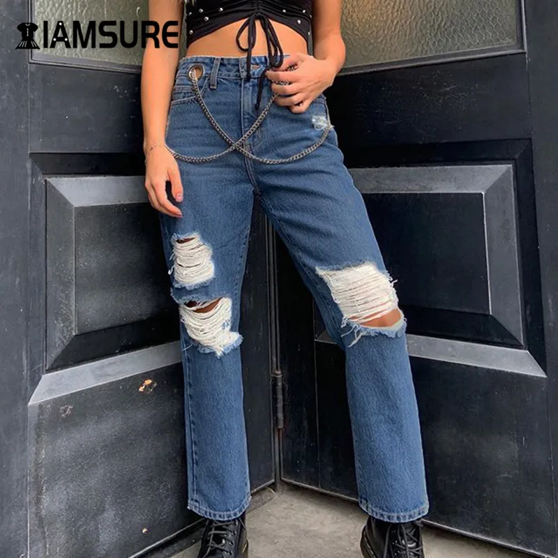 

IAMSURE Streetwear Fashion Distressed Jeans Pants For Women Chic Chain High Waist Straight Trousers Gothic Female Demin Pants