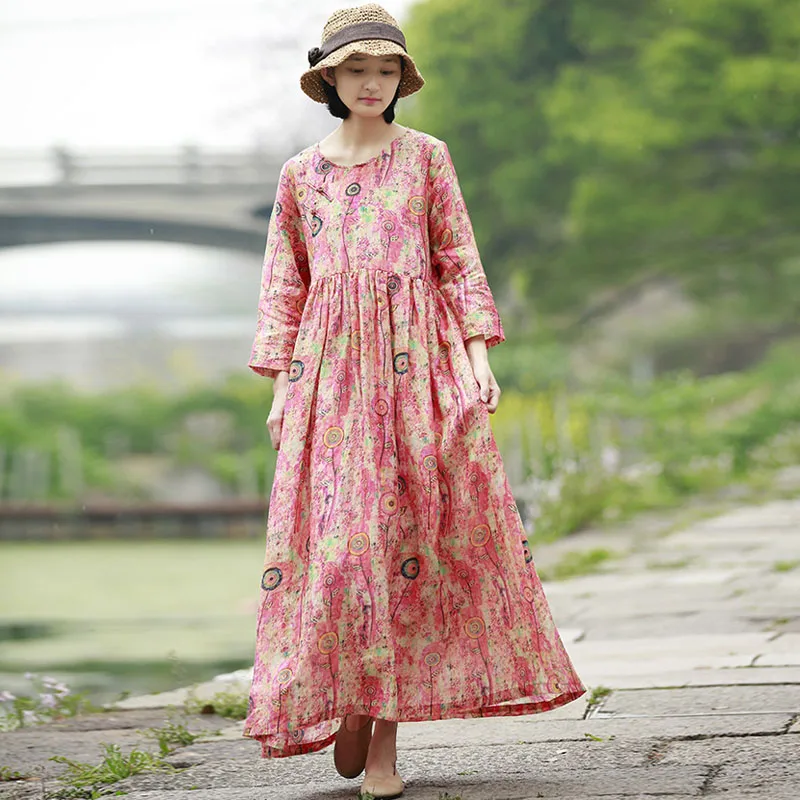 

Spring Summer Comfortable Retro Plate Buckle Floral Print O-neck Pockets Dresses 2020 New Simple Fashion Women Dress