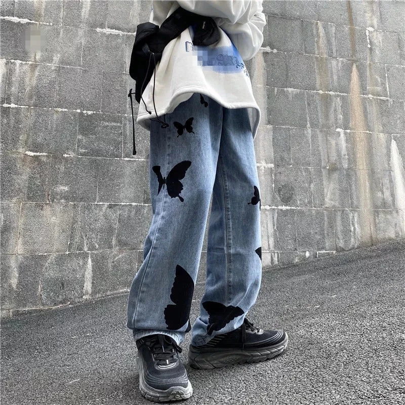 Pantalones vaqueros con estampado con dibujo recto ancho para hombre, pantalón vaquero informal de tamaño, otoño e invierno, 2021|Pantalones vaqueros| - AliExpress