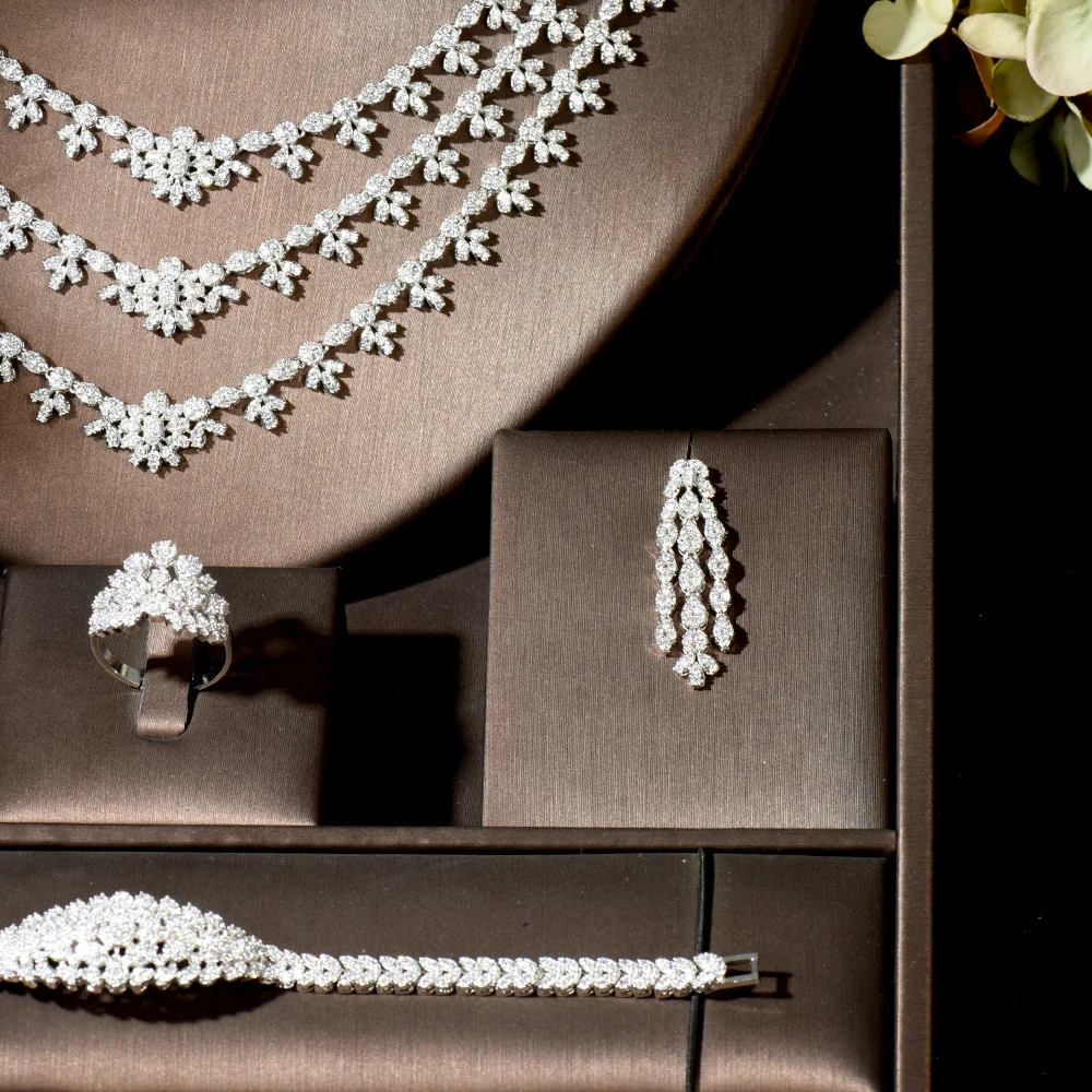 HIBRIDE 3 Layers Leaf African Jewelry Set For Women Wedding Party Cubic Zirconia Dubai Bridal Jewelry Set Indian 2021 N-1855 - Image 3