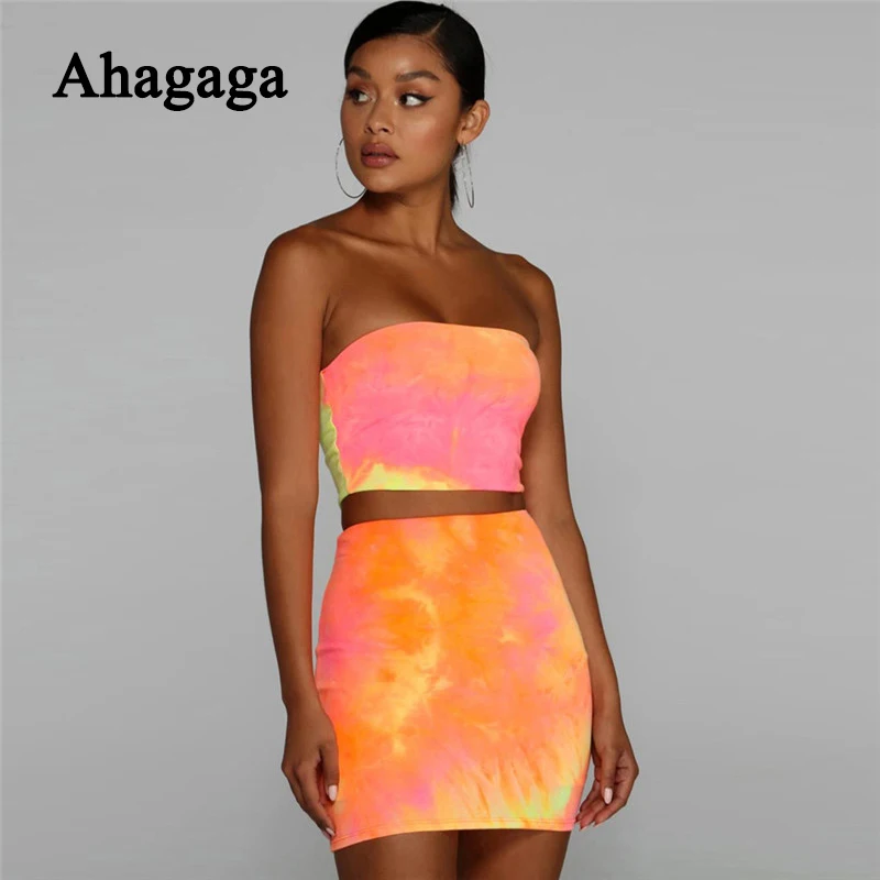 

2019 Fashion Sexy Strapless Sets Women Tie dyeing Orange 2 Pieces Mini Skirt & Vest High Waist Female Costume Women Sets 2 Piece