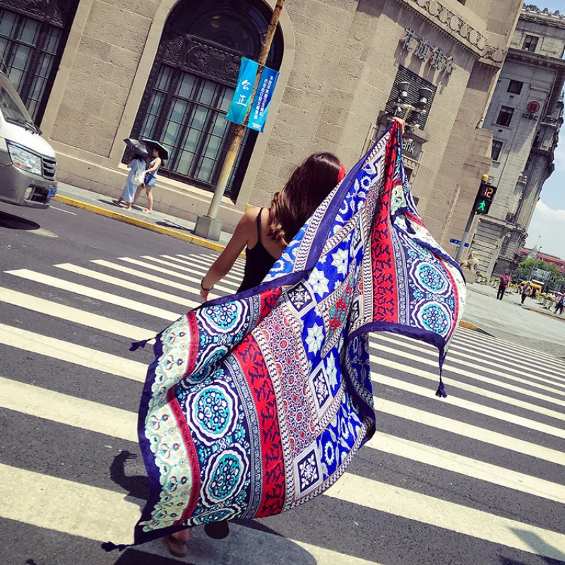 

LISM Ethnic Style Beach Towel Women Vintage Print Shawl Wrap Large Size Pashmina Foulard Bandana Spring Summer Beach Cover Up