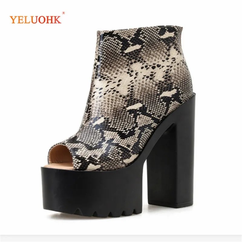 

Extremly High Heels 14cm Ankle Boots Platform 5.5cm Women Autumn Boots Back Zipper Snake Style Ladies Boots Open Toe 34-39