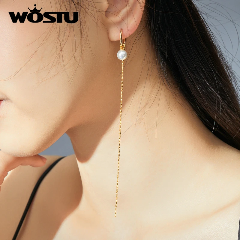 WOSTU,, настоящая 925 пробы, серебряные, золотые, жемчужные кисточки, серьги для женщин, горячая мода, простой стиль, серьги, ювелирное изделие, подарок CTE325