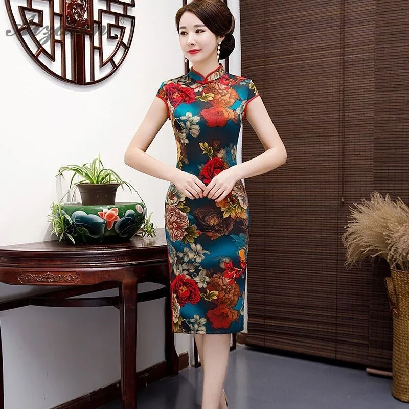 Весенне-летнее винтажное платье, похожее на шелк, Cheongsam, длинные платья, элегантное, тонкое, Qi Pao, китайское традиционное платье, халат, оригинальное